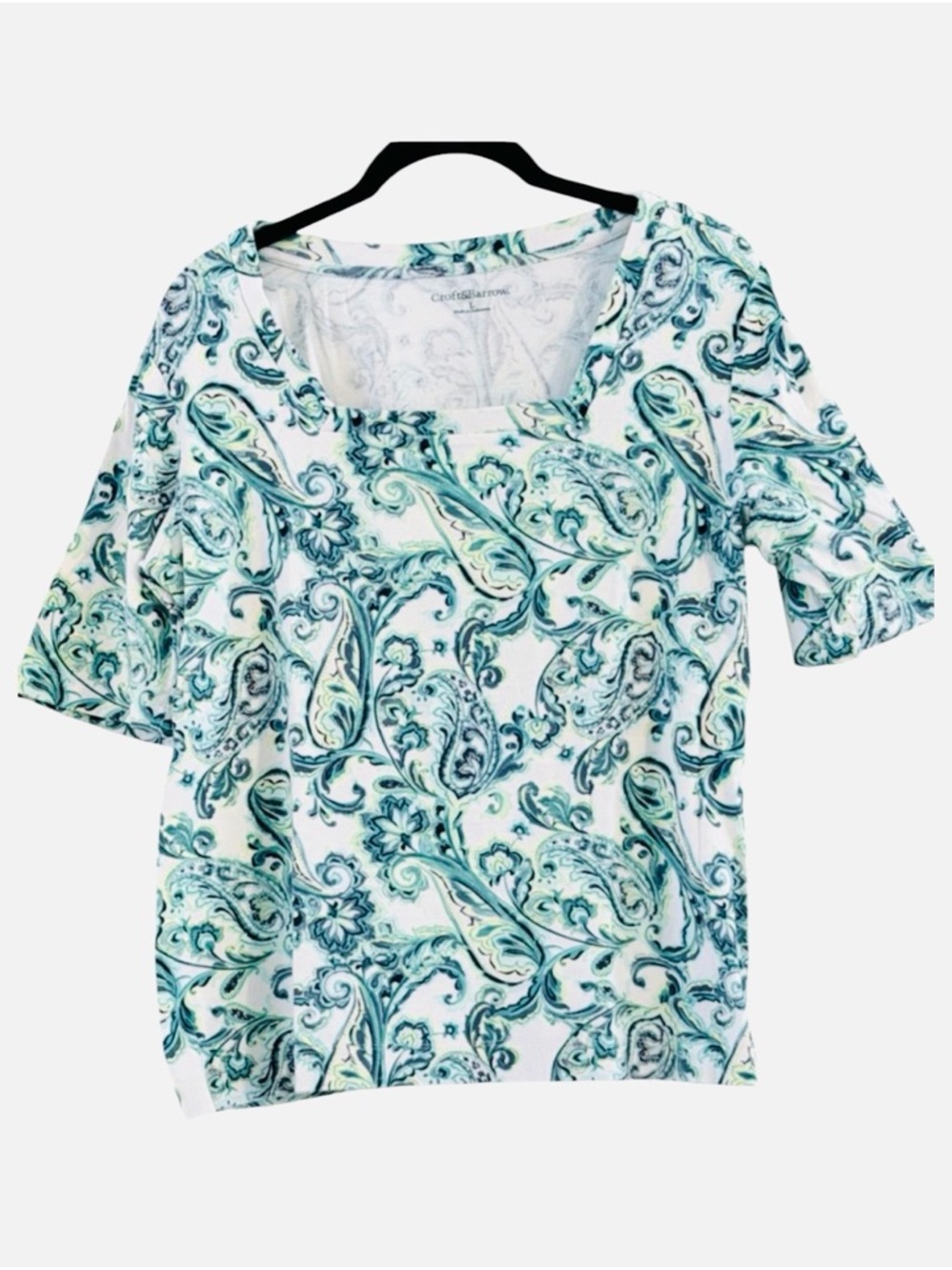 Craft & Barrow White and Green Paisley Square Neck Short Sleeve Top Size L